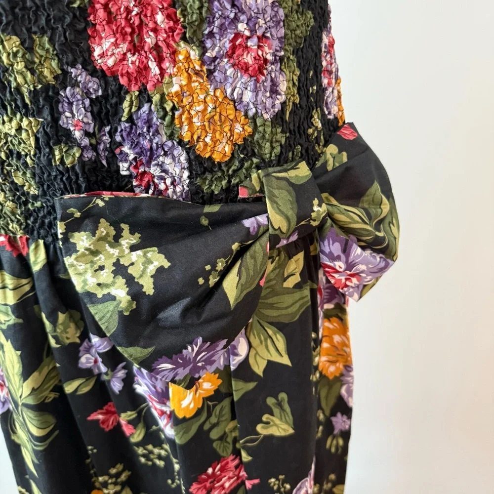 🌸🌼Phoebe Petite Black Floral Smocked Dress Drop Waist Bow Puff Sleeve Romantic - Picture 4 of 14